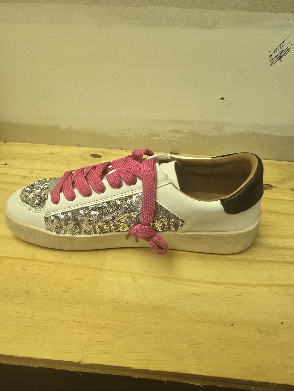 Women's Hey Girl By Corkys White Sneaker with Silver Sequins and Pink Laces